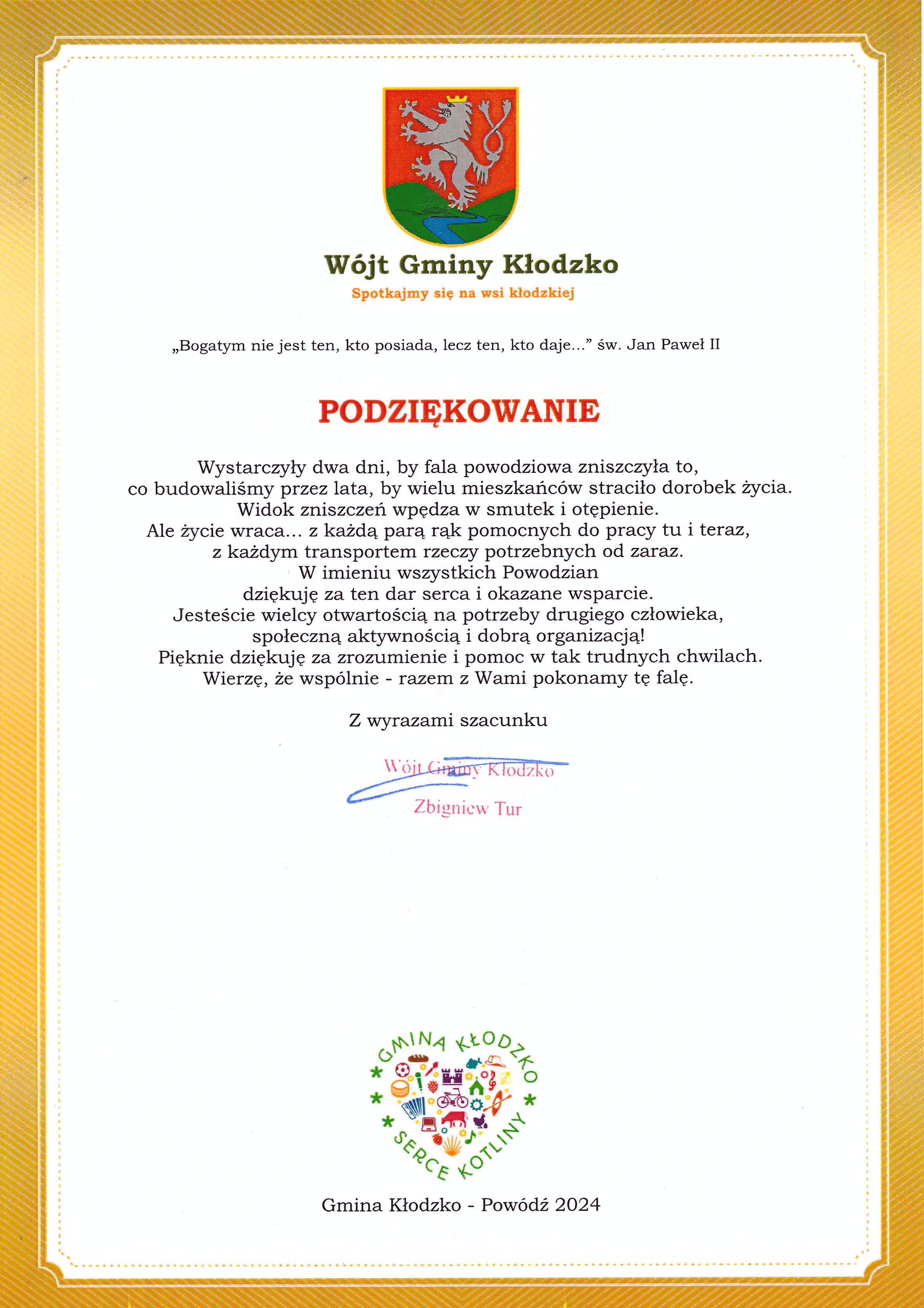 Podziękowania od Wójta Gminy Kłodzko w formie dyplomu